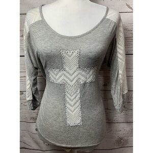 NWOT Grey Cream Embellished Cross Lace Detail Top